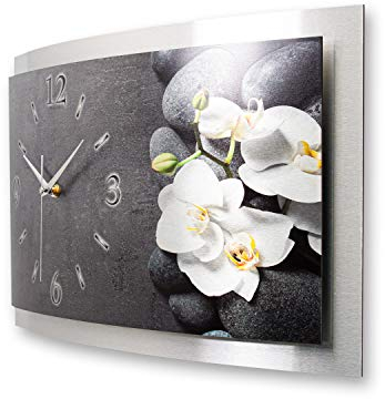 Kreative Feder 3D Designer-Wanduhr in modernem Metallic-Design; leise Wanduhr wahlweise Funk oder Quarz mit glänzendem Motiv in Zwei Größen (Orchidee, 50x30cm; leises Funkuhrwerk)