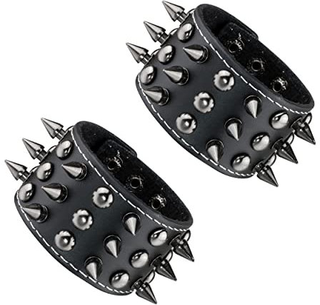 Manfnee Pulsera ancha de cuero con tachuelas y remaches de pinchos, estilo punk, gótico, motero, brazalete ancho, 19 centimeters, Cuero, No es una piedra preciosa