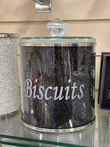Biznest XL Diamond Crushed Biscuits Canister Jar Tin Kitchen Storage Containers Silver Trimmings Crystal(Black)
