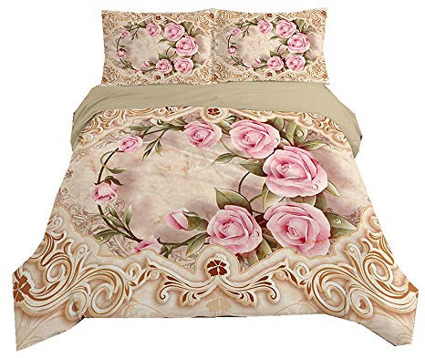 Duvet Cover Set Flower 3D Pattern Design Rose Flower Red Pink Yellow White Daisy Print Girl Lady Romantic Floral Bedding Set Quilt Cover and Pillowcase, Polyester (Beige,Single)