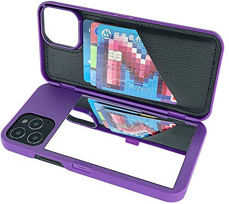 W7ETBEN iPhone 12 Pro Max Wallet Case with Kickstand, Hidden Back Mirror, 3 Card Slot, Purple