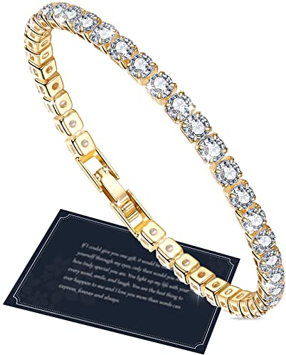 J.Fée Armband Damen Gold, Frauen Armband, Glitzer Tennis Armband Funkelndes Kristall Armband Damen 4mm 5A Zirkonia Diamant Armband Geschenk mit Box für Damen Mädchen Mutter Tochter Freund, 17cm