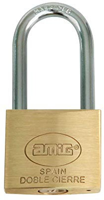 Amig - Candado de seguridad - Incluye 2 llaves - Arco largo - Latón y arco de Acero tratado - Para taquillas de gimnasio, puertas, armarios, maletas, mochilas - Doble cierre - Ancho: 40 mm