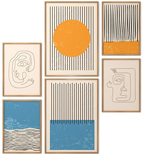 Papierschmiede® Mood Poster Set Hot and Cold, Fertiges Bilder Set mit Rahmen (Holz, Natur), Wohnzimmer Deko Schlafzimmer, 2x DIN A3 und 4x DIN A4, Abstrakte Kunst Blau Orange