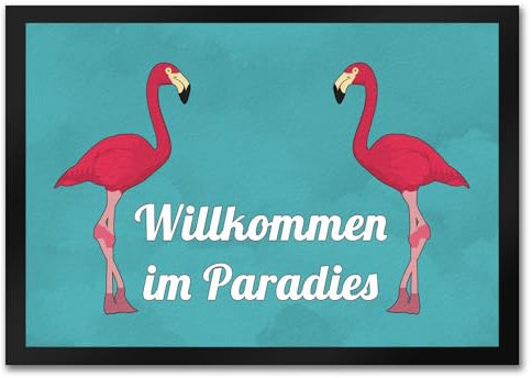 speecheese Fußmatte in 35x50 cm mit Flamingomotiv und Spruch: Willkommen im Paradies Flamingo Karibik türkis pink Paradies Fußabtreter Haustüre Willkommen Schuhabstreifer Wohnung Wasservogel