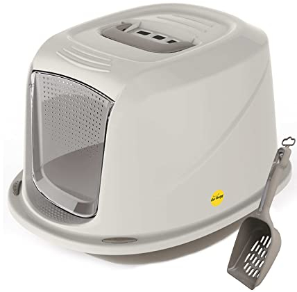 CAT CENTRE Medium Grey Hooded Kitten Litter Tray +Waste Scoop Set Carbon Filter Small Cat Toilet Pet Box Loo Pan Starter Pack Portable Swing Flap Door Carry Handle Galaxy Rounded Corners Easy Cleaning