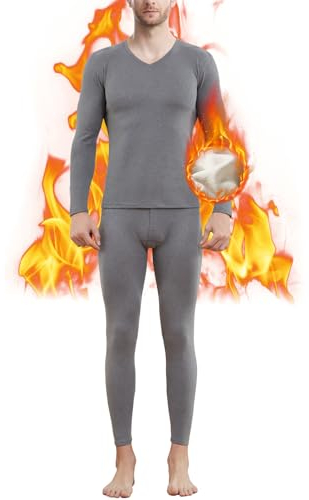Thermounterwäsche Herren, Warm Innenfleece Skiunterwäsche, Atmungsaktiv Funktionsunterwäsche, Winter Thermowäsche Set Langarm Unterhemd Thermounterhose für Laufen Skifahren Radfahren Light Gray-XL