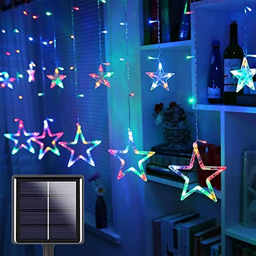 DINOWIN Solar Lichtervorhang Aussen, 2.5M*90cm 12 Sterne 138 LED Lichterkette Fenster Vorhang Weihnachtsbeleuchtung 8 Modi Wasserdicht Dekoration für Innen Außen (Mehrfarbig)