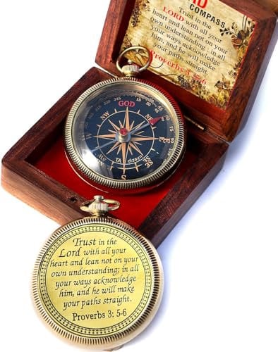 Kompass mit Gravur Trust in The Lord with All Your Heart, Sprichwörter 3: 5–6, mit Holzbox, Camping-Kompass, Geschenkkompass, Geschenke für Männer, Abschlussgeschenke, 2025, Kompass für Damen,