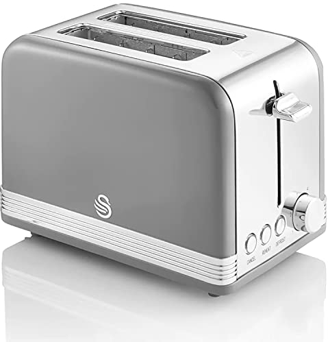 Swan Retro ST19010GRNEU Grille-pain Large Fente 2 Tranches, Design Vintage, 3 Fonctions : Dégivrage, Réchauffement, Annulation, Régulateur 6 Niveaux de Torréfaction, Acier Inox, Gris, 815W