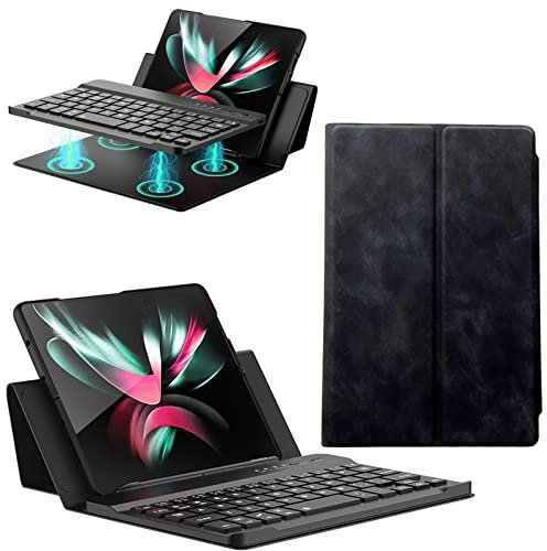 Leather Case for Samsung Z Fold 4 with Keyboard Holster, Portable Folding Bluetooth Keyboard, QWERTY Layout, Kickstand Keyboard Cover for Z Fold 3/Fold 2 (Black-05)