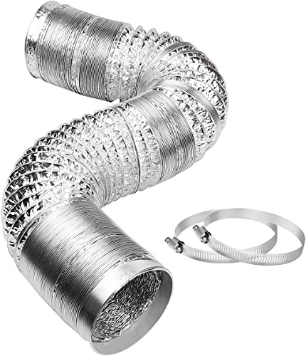 4Inch 3m Tumble Dryer Vent Hose, 100mm Ducting Air Duct for HVAC Ventilation, Flexible Aluminum Foil Tube, 2 Stainless Steel Clamps Include (Silver)
