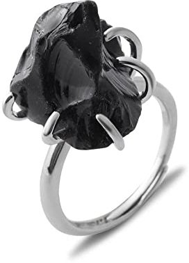 ARTQ Steinring Obsidian-Natursteinring, Unregelmäßiger Ring Mit Sechs Krallen, Verstellbarer Öffnungsring, Elegant, Zierlich, Schlicht, Klassisch, Statement, Valentinstagsgeschenk Für Frau, Freundin,