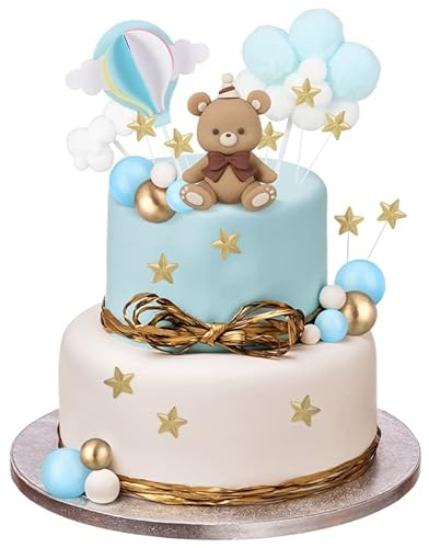 Auidy_6TXD Teddybär Kuchen Dekoration, Babyparty Deko Mädchen Junge, Teddybär Geburtstagstorte Deko, Blau&Gold Babyparty Cake Topper Baby Boy Junge Kuchendekoration(Blau)