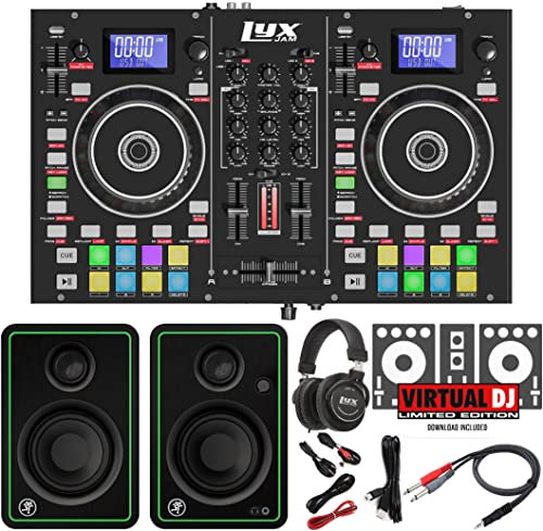 LyxJam Controller DJ portatile a 2 piani, console di mixaggio con display LCD, loop manuale, USB, 16 pad ad alte prestazioni con software Virtual DJ LE incluso (Download) e monitor da studio CR3.5