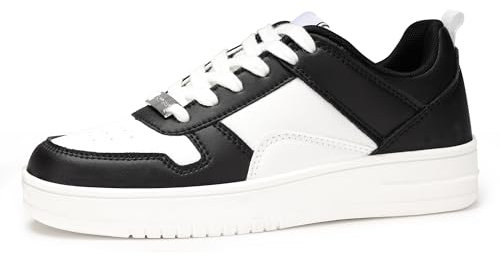 LUCKY STEP Women Fashion Sparkle Rhinestone Sneakers White Leather Low Top Tennis Shoes Lace Up Casual Comfortable Walking Shoe (Black/White, 10US-41EU-8UK)