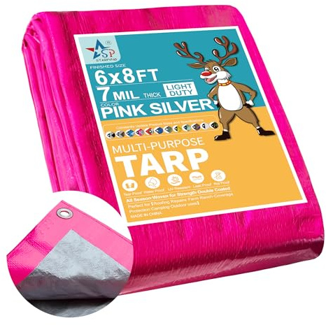STARPYNG-7 Mil Pink/Silver 6x8 Feet Tarp-Multifunctional Waterproof Tarpaulin-Waterproof, UV Resistant, Rip and Tear Resistant, Poly Tarpaulin with Reinforced Edges for Cover