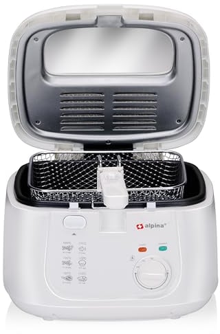 alpina Friteuse 2,5L DF-165 - Friteuse mit Fett 1800W - Einstellbare Temperatur bis 190°C - für 2 bis 3 Personen - mit Antihaftbeschichtung und Kontrollleuchte - Weiß, Weiss
