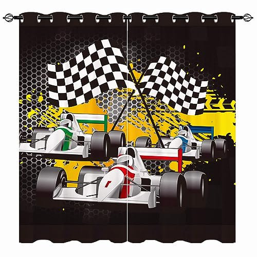 YUANZU Rennwagen Vorhänge Kinder Jungen Karting Karierte Flaggen Ösen Gardinen mit Blickdichte Vorhang Blackout Curtain Kinderzimmer Schlafzimmer Verdunkelung Fenster, 2 Stück, H 220 x B 140 cm