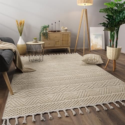 Paco Home Teppich Wohnzimmer Schlafzimmer Kurzflor Skandinavisches Boho Muster Geometrische Optik Einfarbig Fransen Moderne Deko, Grösse:80x150 cm, Farbe:Creme