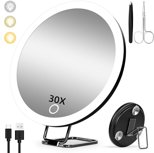 Vergrößerungsspiegel mit Licht 30X, 15cm 3 Farbe Modi Dimmen beleuchtete Make-up-Spiegel mit 30X Vergrößerung, große wiederaufladbare Reise vergrößerte Spiegel mit 3 Saugnäpfen und 360 ° Tisch Stand