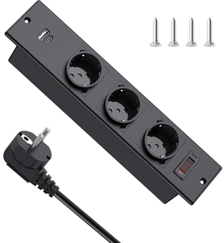 Tischplatte Versenkte Steckdose, 3 Fach Tischsteckdose mit USB und Type C, Mehrfachsteckdose Einbau Steckdosenleiste mit 1.7m Kabel, 250V 16A/4000W Desktop Steckdose mit Schalter für Büro, Küche