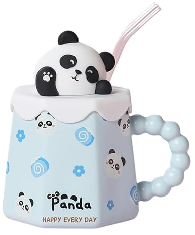CAPIJIONG Taza de cerámica de 400 ml con tapa y pajita, diseño de oso panda azul