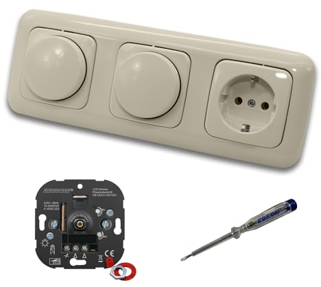 EBROM 1001 (2 x) LED Drehdimmer Dimmer + Busch Jäger Dimmerscheiben 2115-212 und Steckdose mit Kinderschutz 20EUCKS-212 in DURO2000 cremeweiß glänzend + EBROM Phasenprüfer zur Montage der Geräte