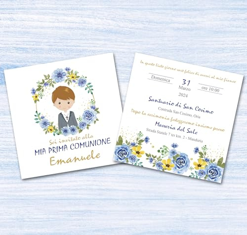 PRINTSERVIS Personalisierte Einladungen zur Kommunion, Papier 300 g, anpassbar an die Haarfarbe, 100 x 100 mm, quadratisch, perfekt für jedes Kind und Mädchen (Jungen braun)
