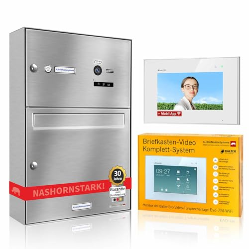 AL Briefkastensysteme Smart Home Briefkasten mit Videosprechanlage 1 Familienhaus Komplettsystem Balter EVO 7+WiFi - Briefkasten Edelstahl V2A RAL 9007 Aufputz Wandmontage Kamera mit App Überwachung