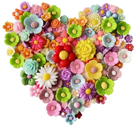 Asaisimg 120 Stück Flache Rückseite DIY Harz Blume Charms - Gänseblümchen, Sonnenblume, Rose - Gemischte Farben für Handwerk und Schleim