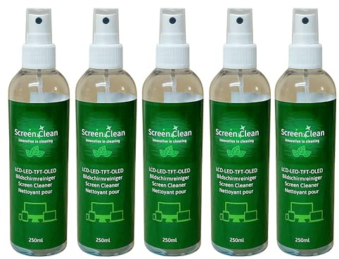 ROGGE Screen Clean, 5x 250ml Bildschirmreiniger, 100% Recycling R-PET hochwirksamer und sparsamer Premium Bildschirmreiniger für alle Displays geeignet. Streifenfreie Reinigung und biologisch abbaubar