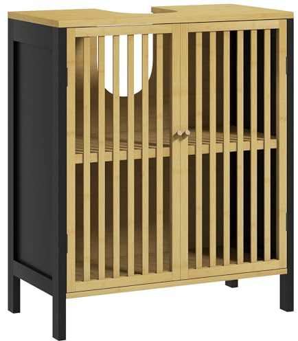 HOMCOM Meuble sous Vasque Meuble de Salle de Bain 2 Portes avec étagère réglable Armoire de Rangement pour lavabo 60 x 30 x 70 cm en Bambou Noir et Naturel