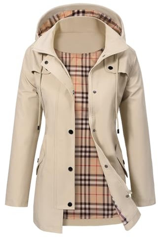 PASUDA Veste Imperméable Femme Longue Manteau de Pluie à Capuche Doublure Coupe-Vent Longue Vêtements Imperméables Léger Poncho Trench Coat Parka pour Camping Extérieur (Kaki, XXL)