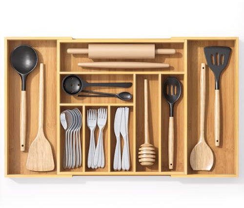 Youpehom Organizer in bambù per cassetti da cucina, vassoio per utensili e posate, portaposate, divisori per cassetti in legno con 9 scomparti