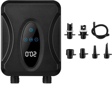 Ailgely Elektrische SUP Pumpe 20PSI, Auto-Off, 2-Stufen Inflation/Deflation, 12V DC Schlauchboot Pumpe mit 6 Düsen, für Paddelboards, Surfkite, Kajak und Schlauchboot