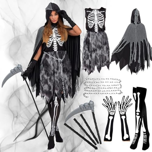 Vestito Morte Bambina, Costume di Triste Mietitore con Vestito, Mantello con Cappuccio, Guanti e Collant Stampati, Catena in Vita e Falce, Costumi Halloween Bambine Paurosi Per Festa In Maschera (M)
