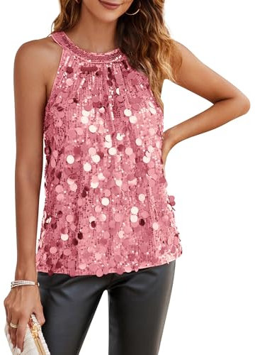 Damen Party Pailletten Oberteil Bluse Loose Fit Tops Elegant Ärmellose Neckholder Oberteile Rosa XL