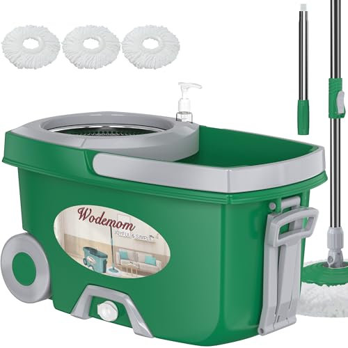 Balai à franges et seau à double compartiment, serpillère et seau avec essoreuse, rotation à 360° pour nettoyage du sol avec 3 têtes de rechange en microfibre, poignée étendue de 154,9 cm, 2 roues –