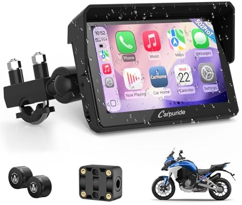 CARPURIDE W502TPRO Motorrad CarPlay 5 Android Auto TPMS Dual Bluetooth | Dual Bluetooth, Reifendrucküberwachung, Gegensprechanlage, GPS-Navigation und wasserdichter Touchscreen für Motorräder