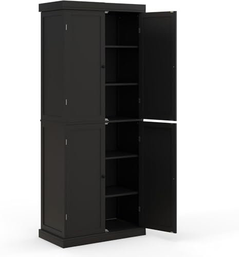 TANGZON 184CM Tall Kitchen Cupboard, 6-Tier Tall Storage Cabinet with 4 Doors & 2 Adjustable Shelves, Freestanding Wooden Sideboard Unit for Pantry Dining Living Room (with Shelves, Black)