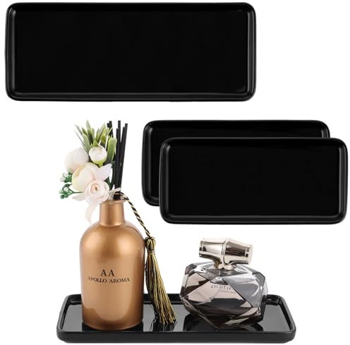 MIVIDE 4 bandejas de baño de cerámica negra, grandes y pequeñas, bandeja decorativa negra rectangular para velas, toallas, jabón en el baño
