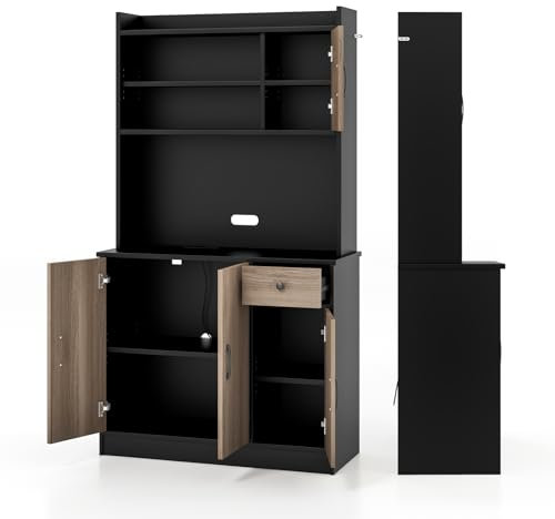 KOMFOTTEU Hochschrank Buffetschrank 180cm, Küchenschrank mit & Kabellöchern, Mehrzweckschrank mit 4 verstellbaren Regalen 3 Schränken, Aufbewahrungsschrank für Küche Esszimmer (Schwarz)
