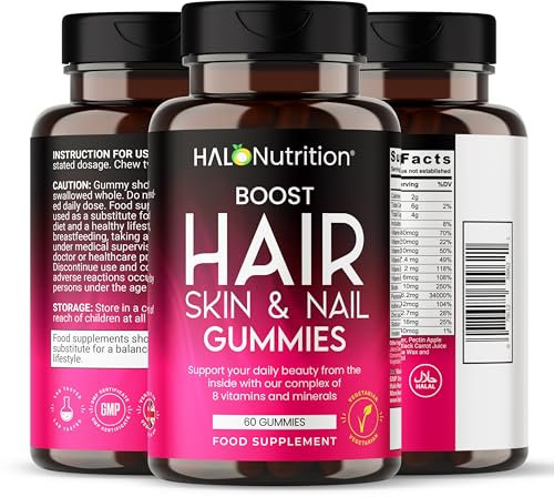 Hair Skin and Nails Vitamins | 5000µg Biotin, Zinc, Vitamin C, E & More! 60 Vegan Gummies | Supplement for Women and Men | Halo Nutrition