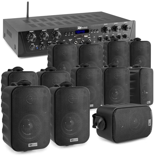 Power Dynamics 6-Zonen Verstärker mit Bluetooth & 12x Outdoor Lautsprecher | 600W HiFi Set mit 100m Kabel, 6 Kanal Endstufe für Gastronomie, Wasserdichtes Soundsystem, USB/Radio, Zuhause, Subwoofer