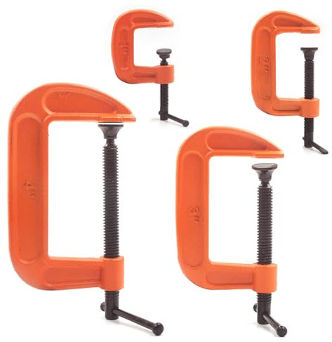 (4-Piece) C Clamps Set 1-Inch, 2-Inch, 3-Inch, 4-Inch Heavy Duty Steel Iron Alloy Versatile G-Clamps, Orange