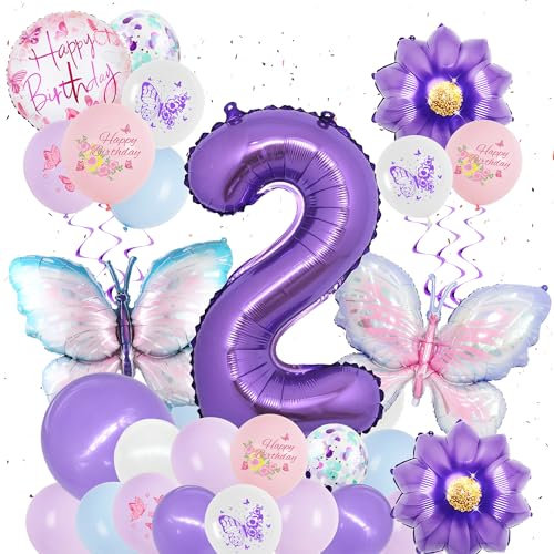 Schmetterling Deko 2. Geburtstag Mädchen - 31 Stück Geburtstagsdeko Luftballons Schmetterlinge Folienballon Zahlenballon, Lila Geburtstags Party Dekoration Ballons für Kinder