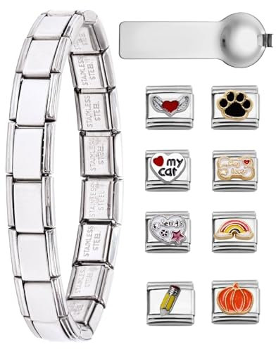 BPTRKOM Bracelet à Breloques Italien en Or - 8 Charmes Amovibles de 9mm - Kit DIY Personnalisable - Style Élégant pour Cadeaux(Styles aléatoires)