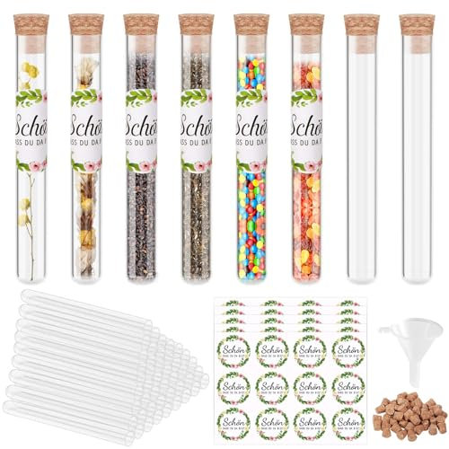 50 Stück Reagenzgläser mit Korken, Schön dass du da bist Gastgeschenke und Aufkleber und Trichter als Gastgeschenke zur Hochzeit - Besonderes Hochzeitsgeschenk