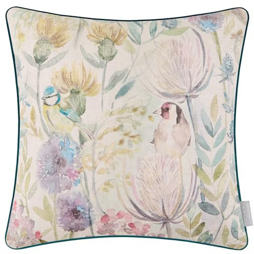 Voyage Maison Morning Chorus Feather Filled Cushion – Hand-Painted Birds Piped Velvet Floral Luxury Home Decor (Cream - 50x50cm)